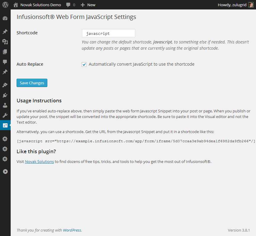 Infusionsoft Web Form JavaScript Plugin WordPress