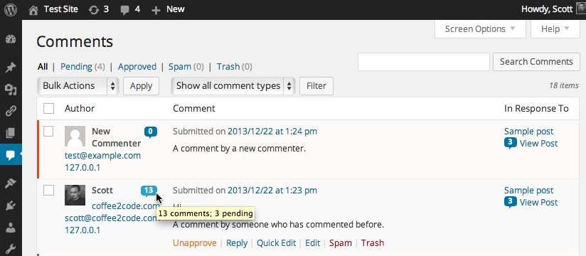 Admin Commenters Comments Count Plugin WordPress